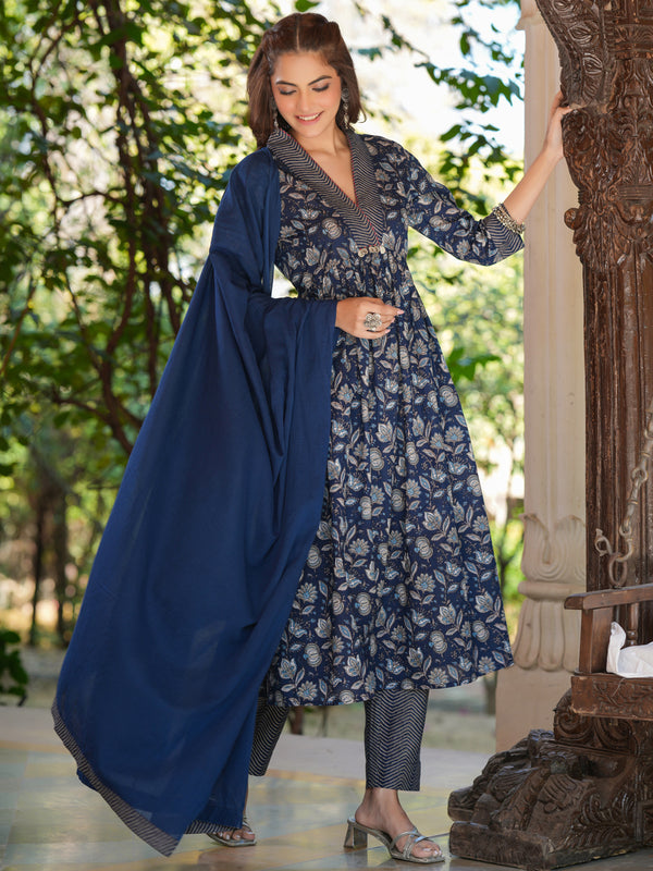 Janasya Dark Cotton Floral A-Line Kurta Set