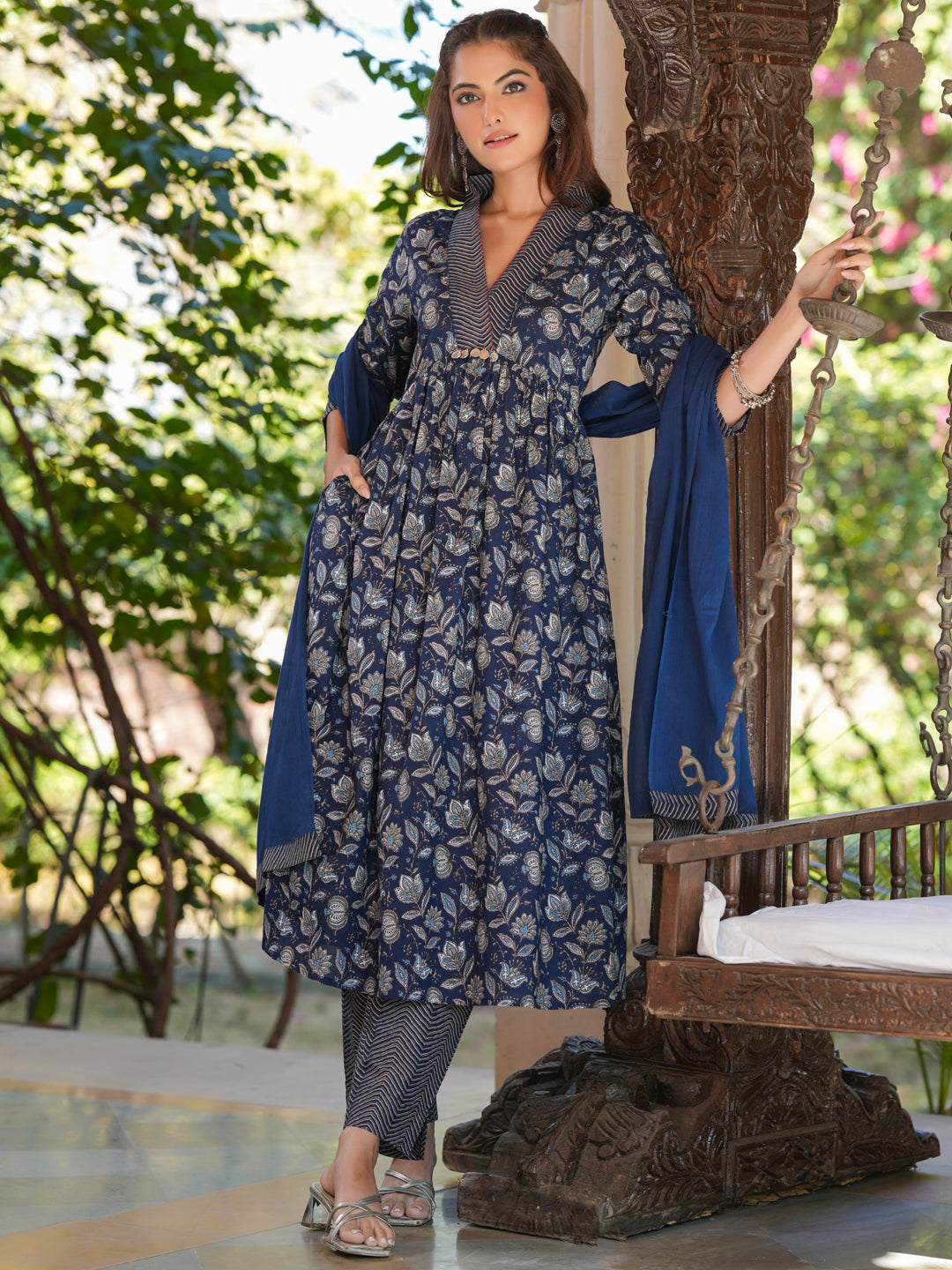 Janasya Dark Cotton Floral A-Line Kurta Set