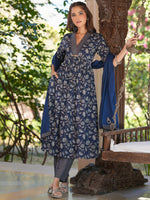 Thumbnail for Janasya Dark Cotton Floral A-Line Kurta Set