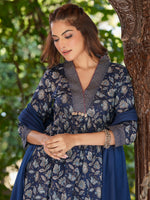 Thumbnail for Janasya Dark Cotton Floral A-Line Kurta Set