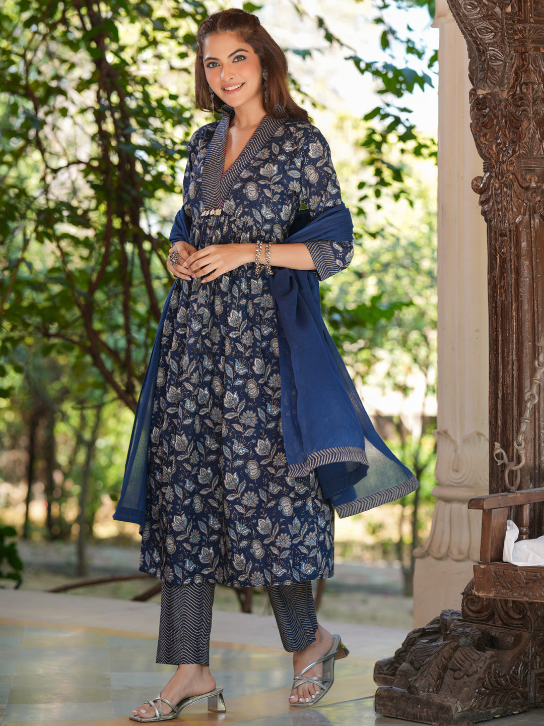 Janasya Dark Cotton Floral A-Line Kurta Set