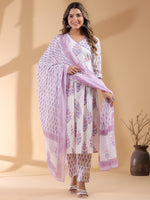 Thumbnail for Janasya Light Cotton Floral Angrakha Kurta Set