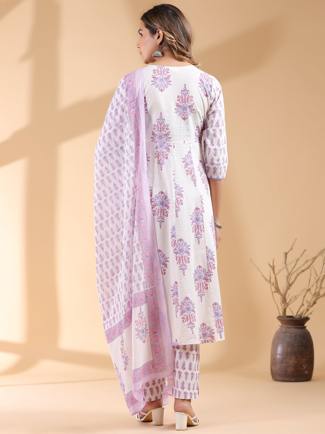 Janasya Light Cotton Floral Angrakha Kurta Set