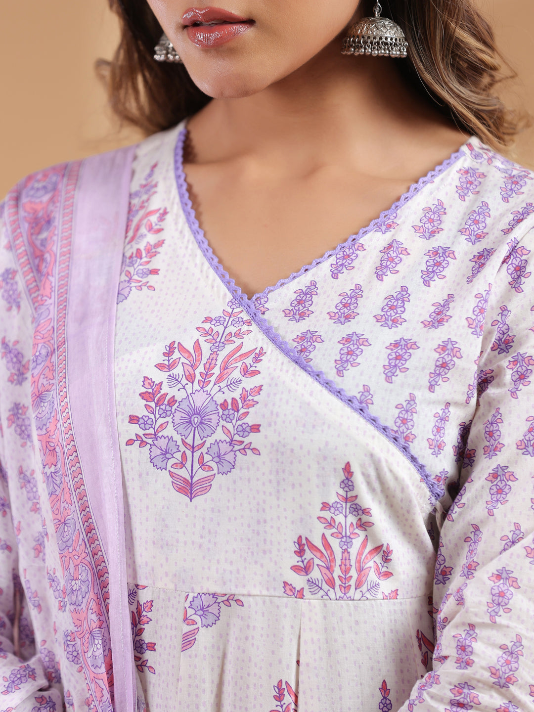 Janasya Light Cotton Floral Angrakha Kurta Set