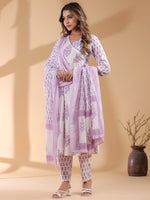 Thumbnail for Janasya Light Cotton Floral Angrakha Kurta Set