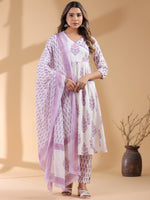 Thumbnail for Janasya Light Cotton Floral Angrakha Kurta Set