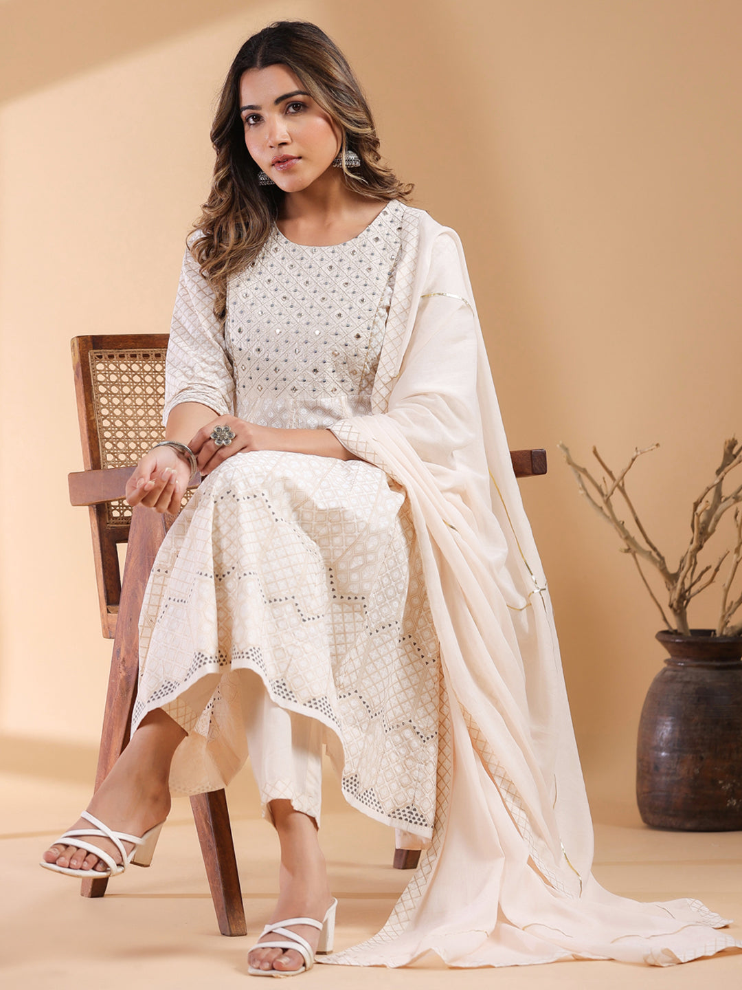 Janasya Light Cotton Ethnic Motifs Anarkali Kurta Set
