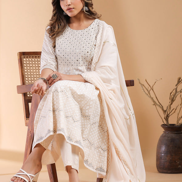 Janasya Light Cotton Ethnic Motifs Anarkali Kurta Set