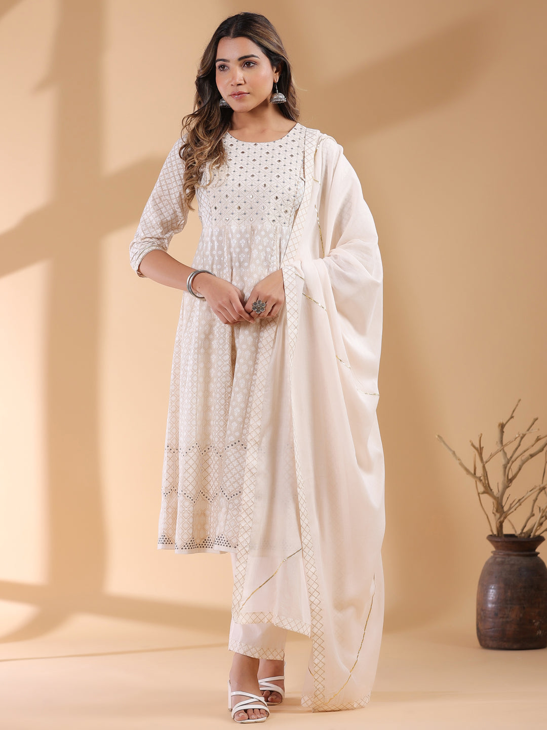 Janasya Light Cotton Ethnic Motifs Anarkali Kurta Set