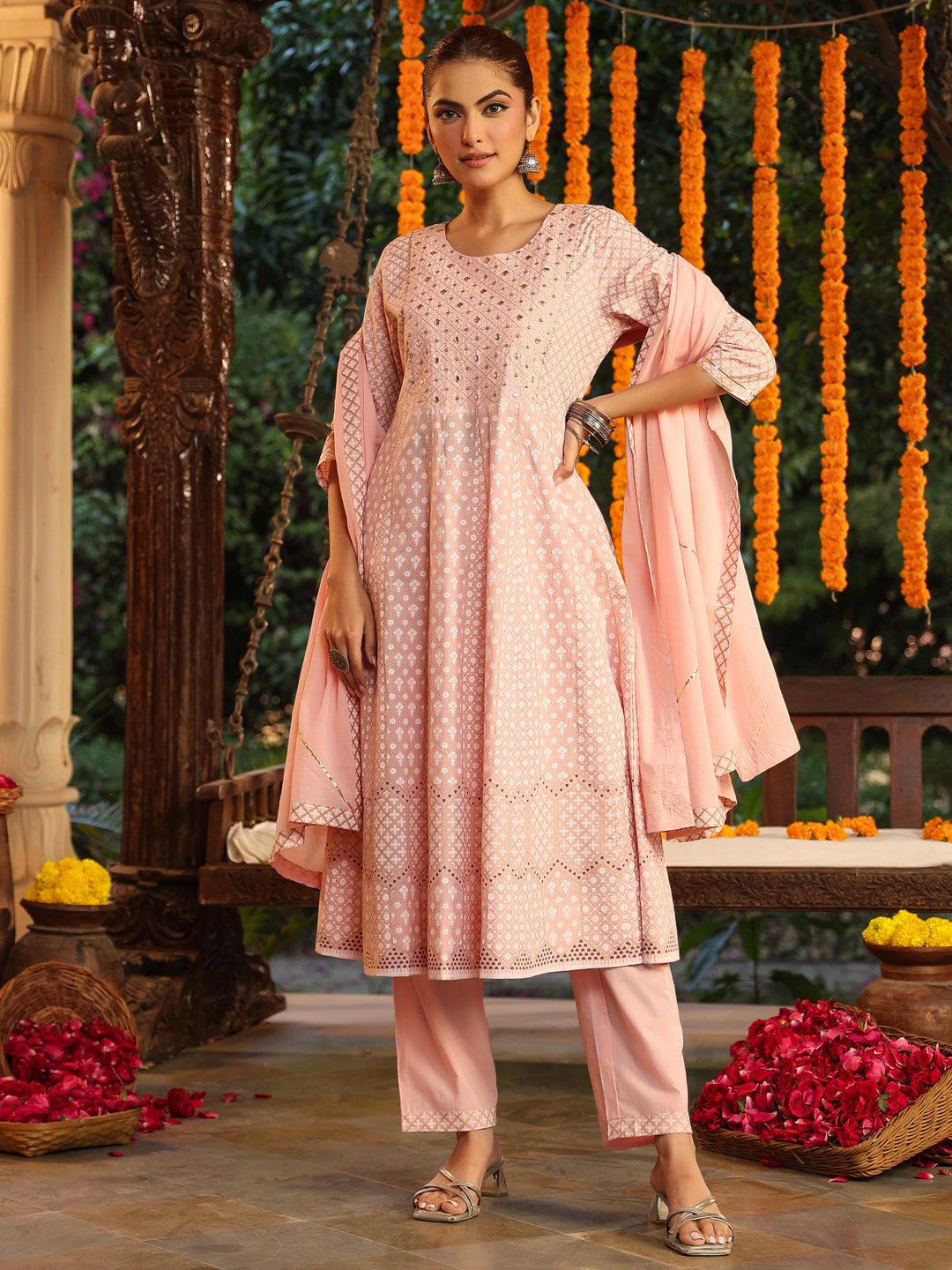 Janasya Light Cotton Ethnic Motifs Anarkali Kurta Set