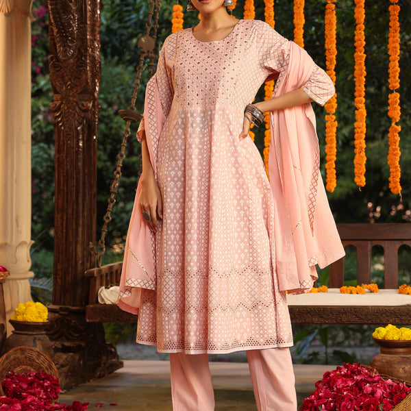 Janasya Light Cotton Ethnic Motifs Anarkali Kurta Set