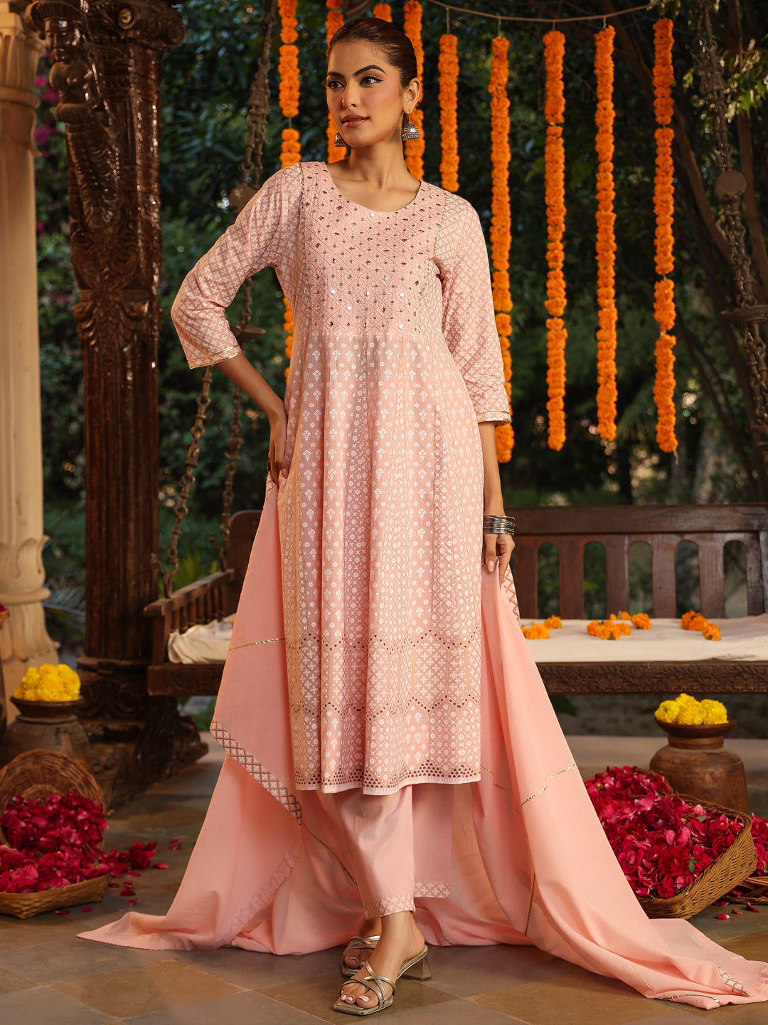 Janasya Light Cotton Ethnic Motifs Anarkali Kurta Set