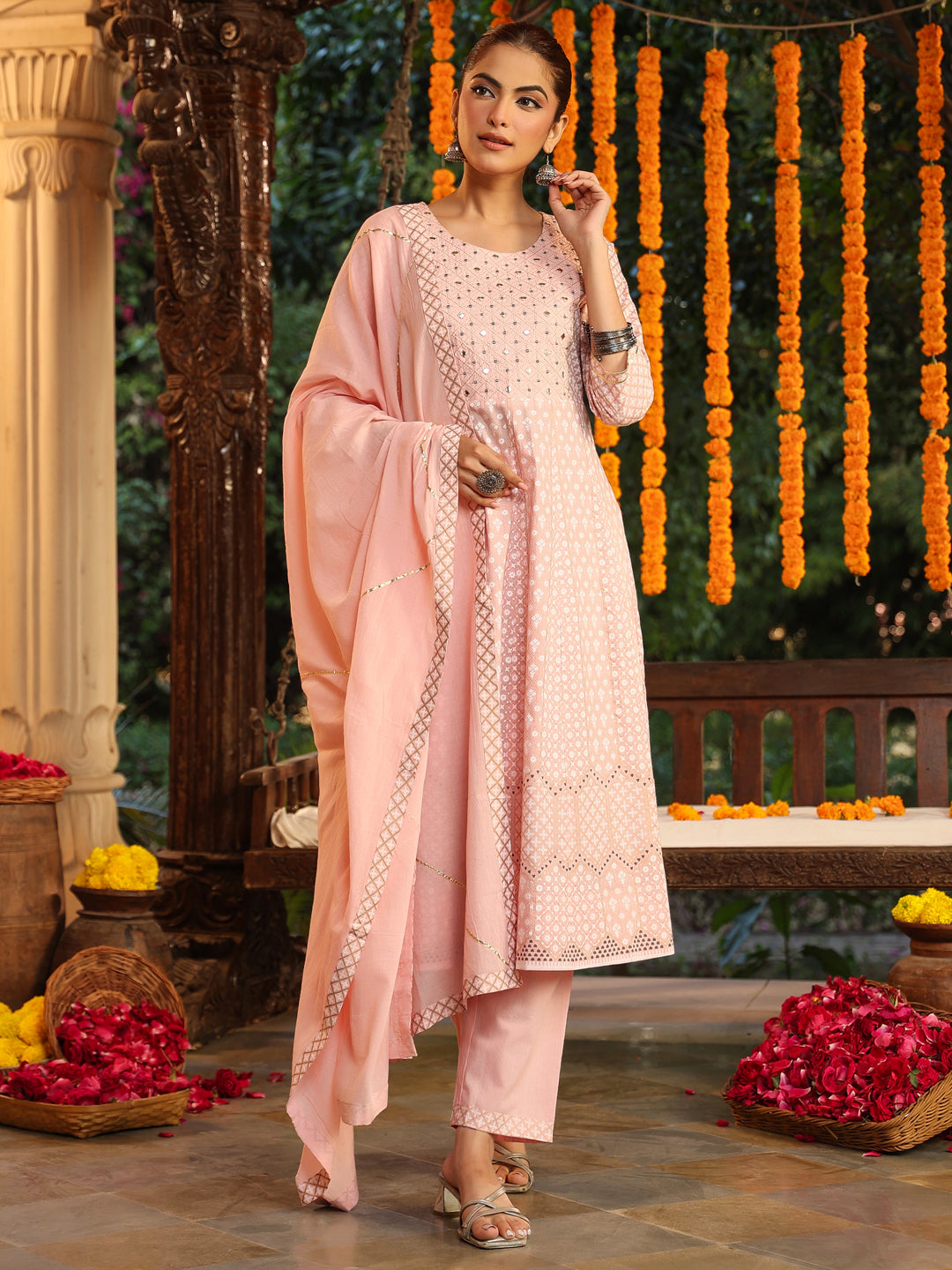 Janasya Light Cotton Ethnic Motifs Anarkali Kurta Set