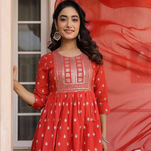 Janasya Bright Cotton Foil Print A-Line Kurta Set