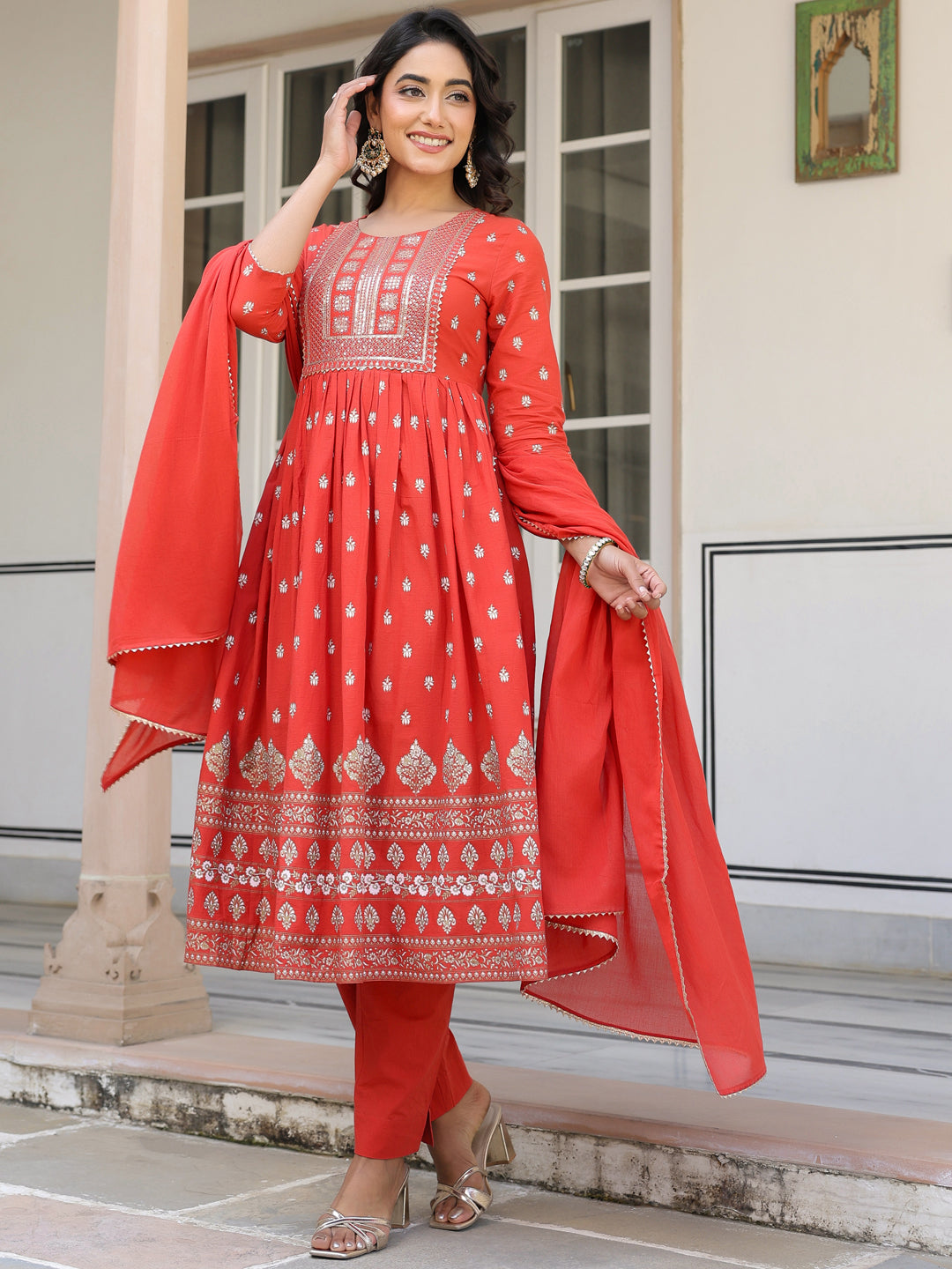 Janasya Bright Cotton Foil Print A-Line Kurta Set