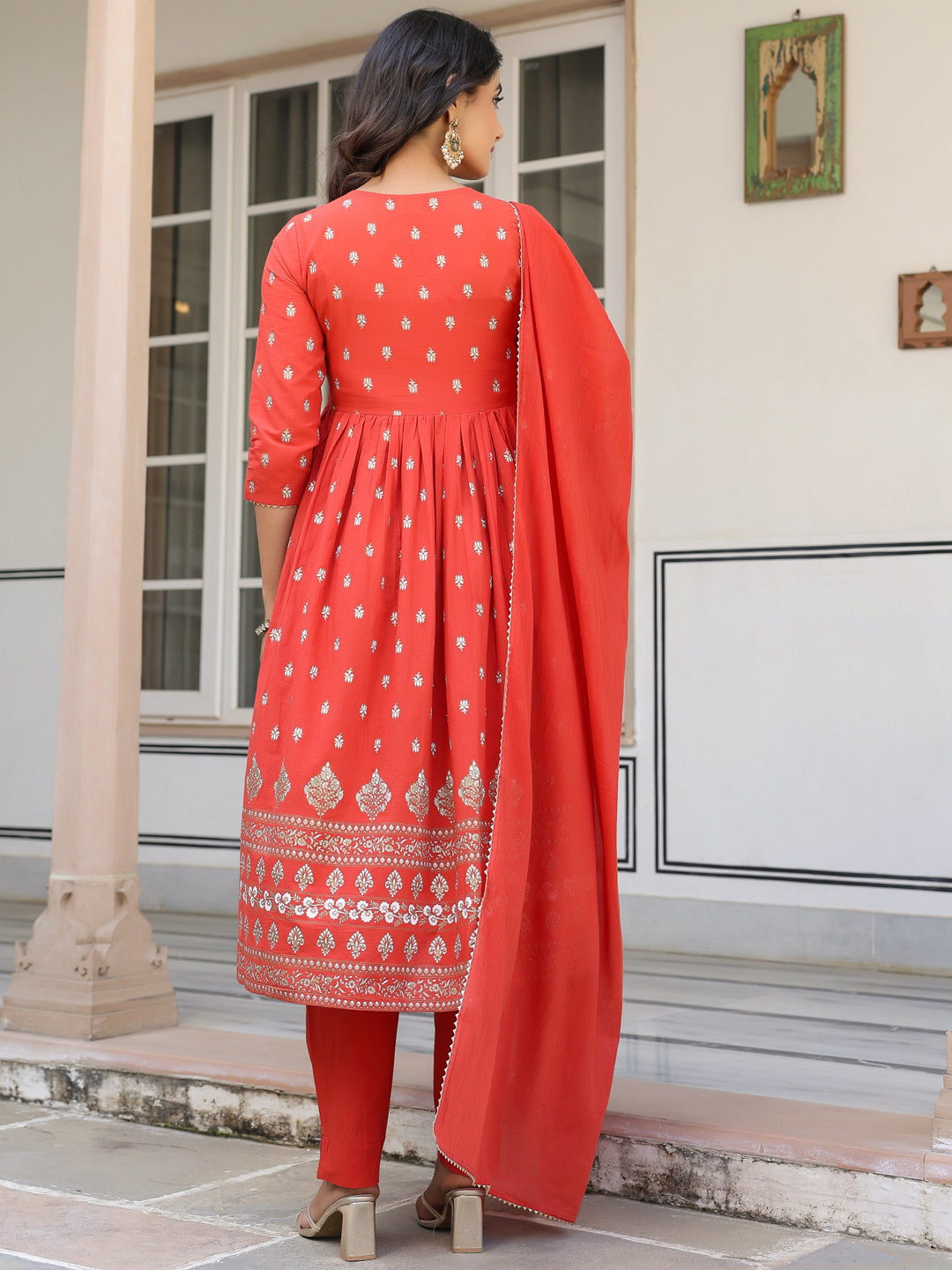 Janasya Bright Cotton Foil Print A-Line Kurta Set