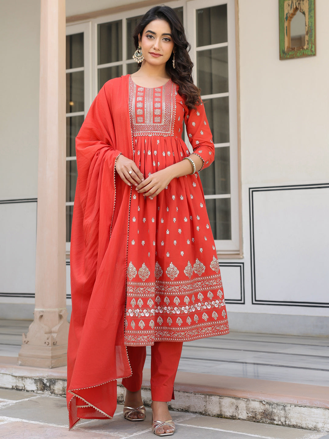 Janasya Bright Cotton Foil Print A-Line Kurta Set