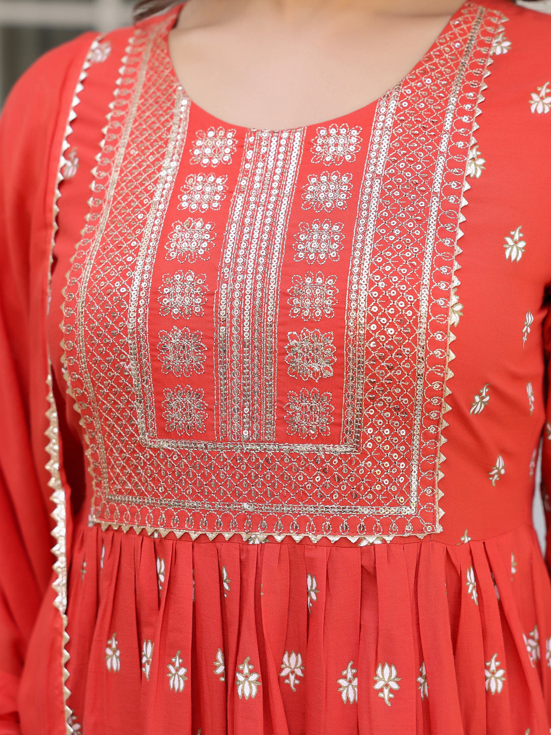 Janasya Bright Cotton Foil Print A-Line Kurta Set