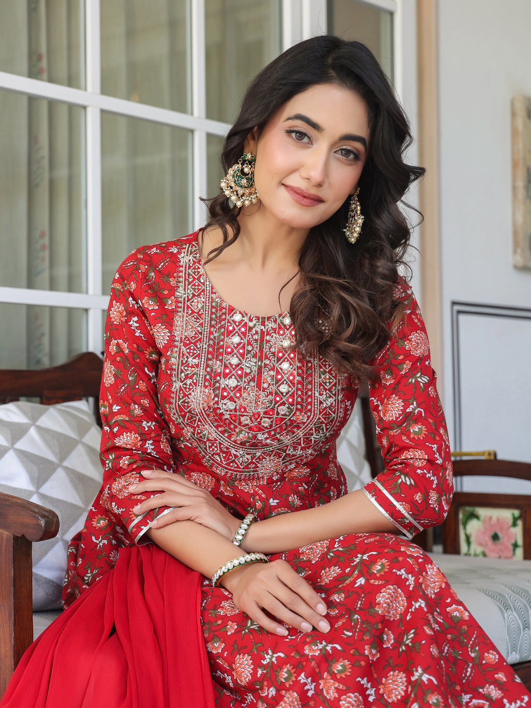 Janasya Bright Cotton Yoke Embroidery A-Line Kurta Set