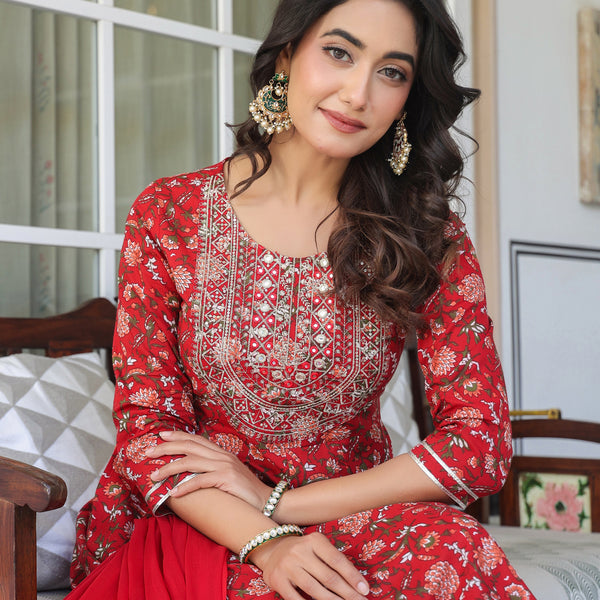 Janasya Bright Cotton Yoke Embroidery A-Line Kurta Set