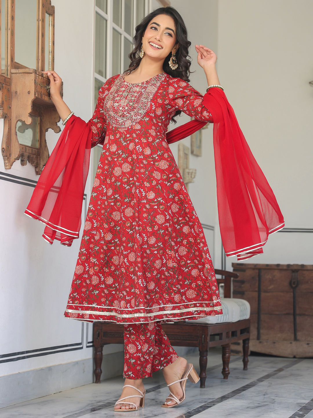 Janasya Bright Cotton Yoke Embroidery A-Line Kurta Set