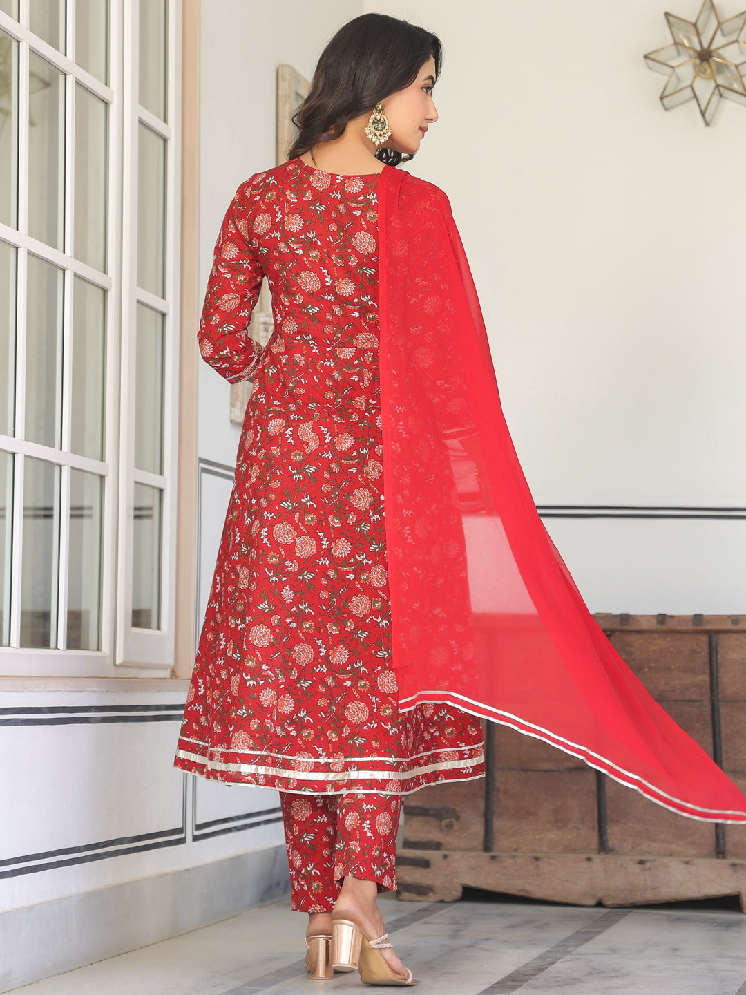 Janasya Bright Cotton Yoke Embroidery A-Line Kurta Set
