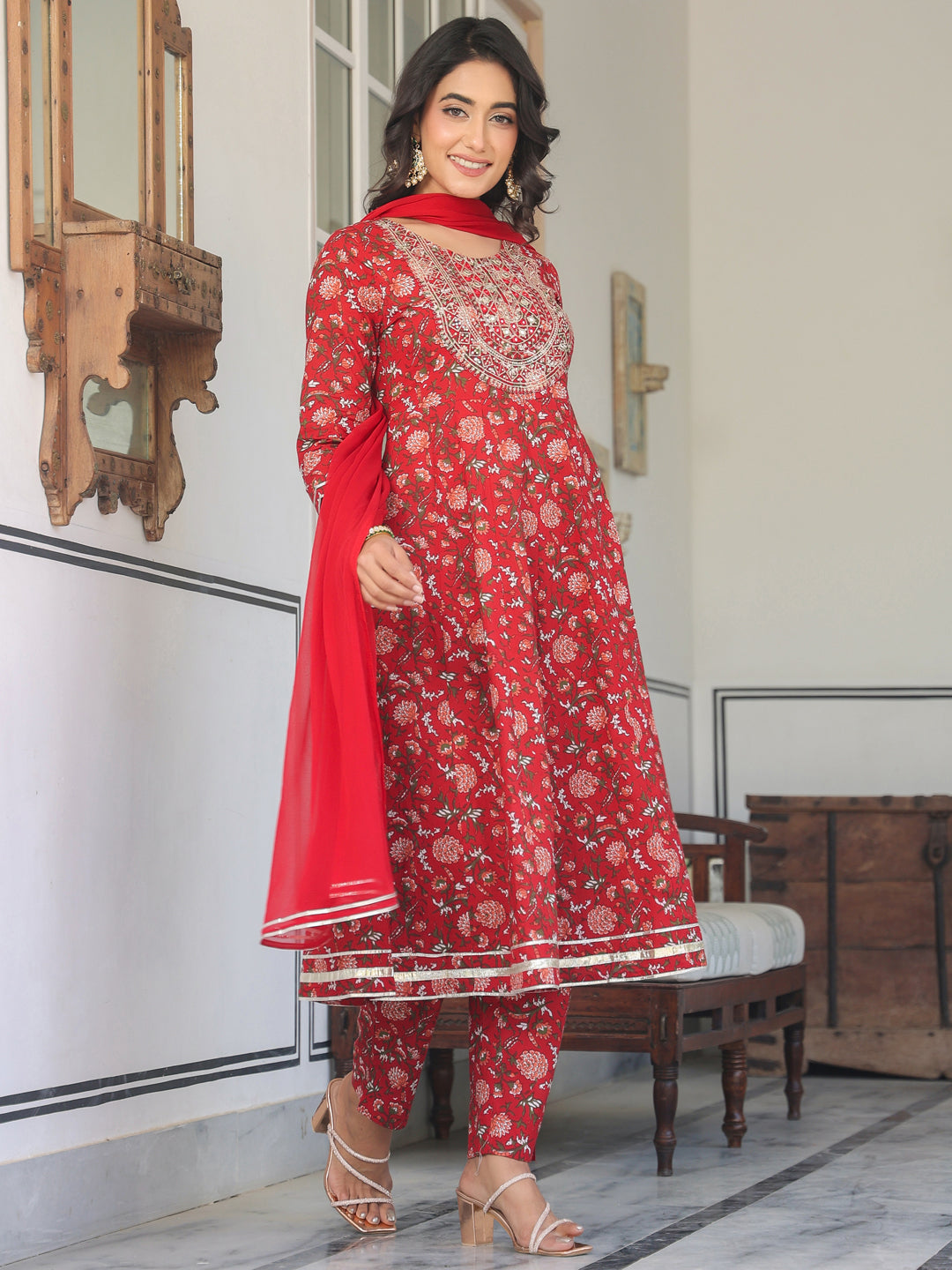 Janasya Bright Cotton Yoke Embroidery A-Line Kurta Set