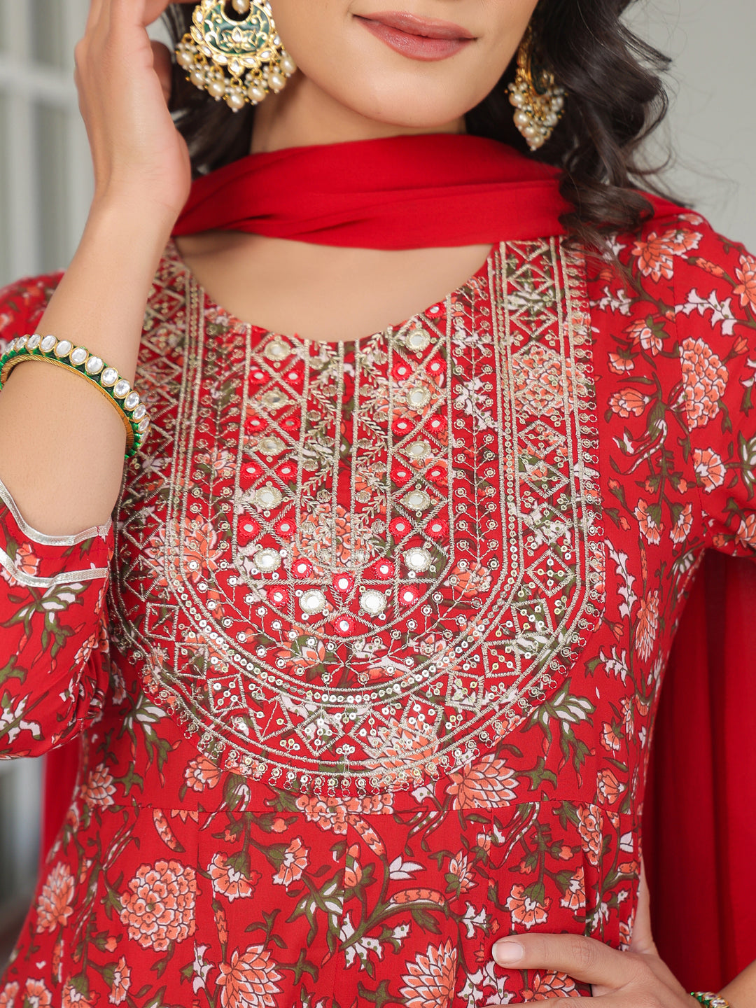 Janasya Bright Cotton Yoke Embroidery A-Line Kurta Set
