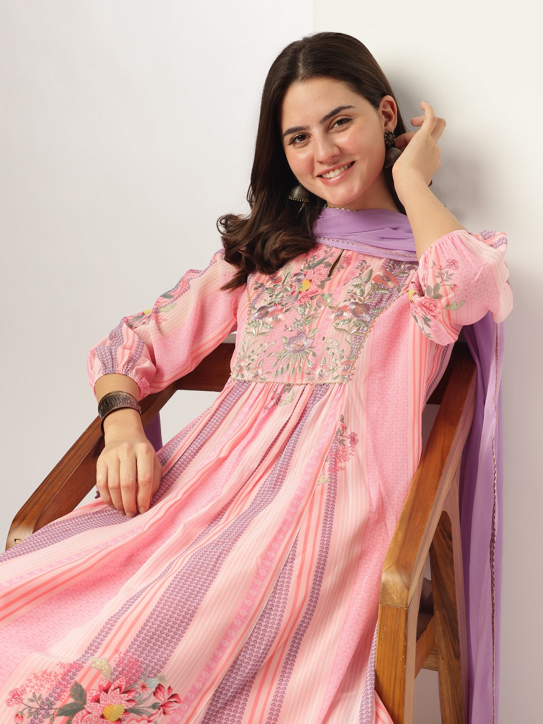 Janasya Light Georgette Embroidered A-Line Kurta Set