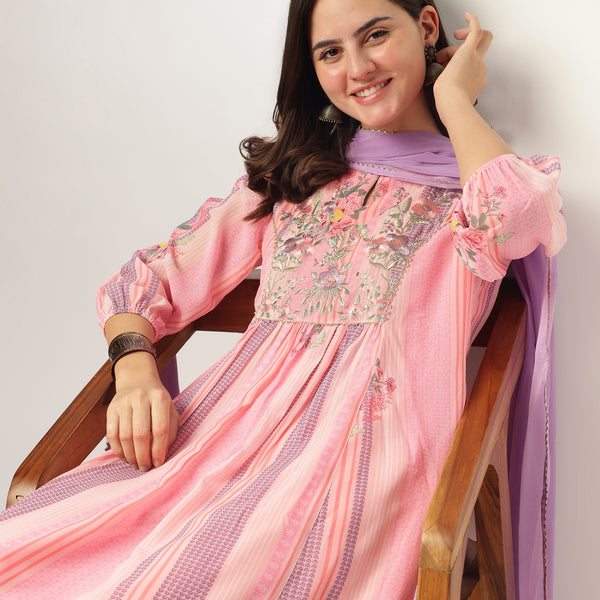 Janasya Light Georgette Embroidered A-Line Kurta Set