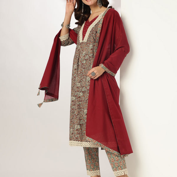 Janasya Light Cotton Floral Anarkali Kurta Set