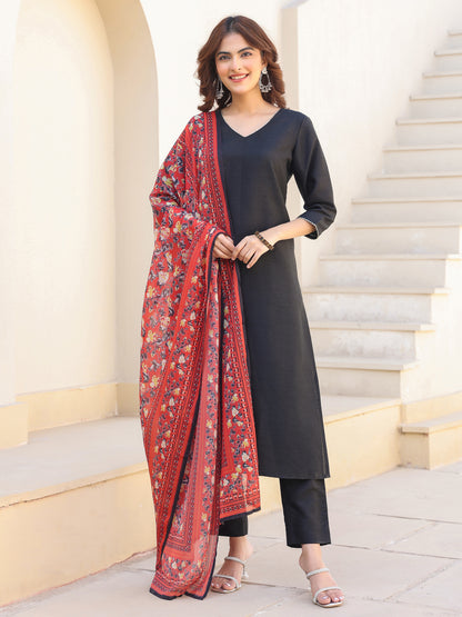 Janasya Dark Silk Blend Solid Straight Kurta Set - Distacart