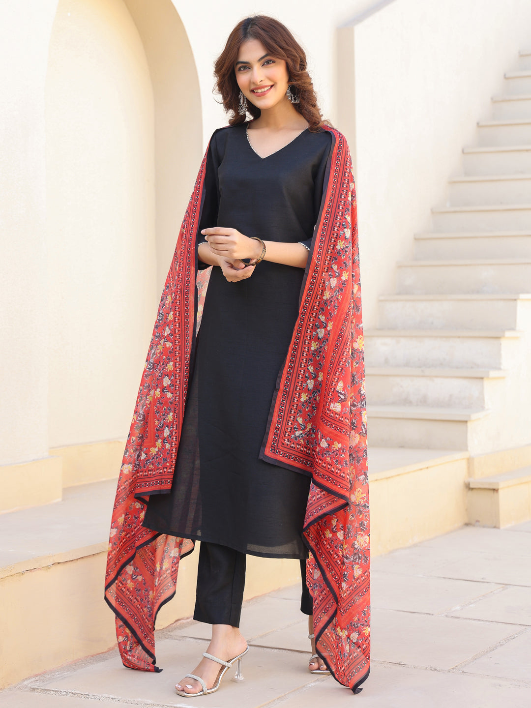 Janasya Dark Silk Blend Solid Straight Kurta Set - Distacart