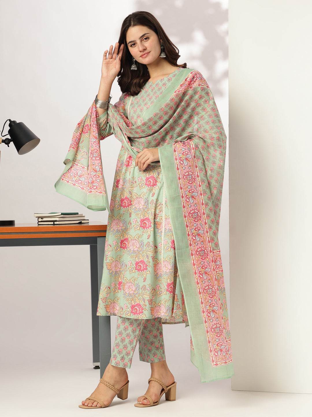 Janasya Light Cotton Floral A-Line Kurta Set