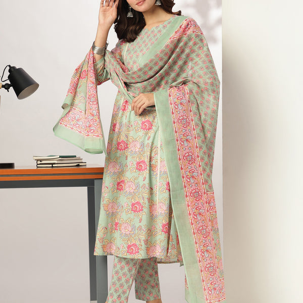 Janasya Light Cotton Floral A-Line Kurta Set