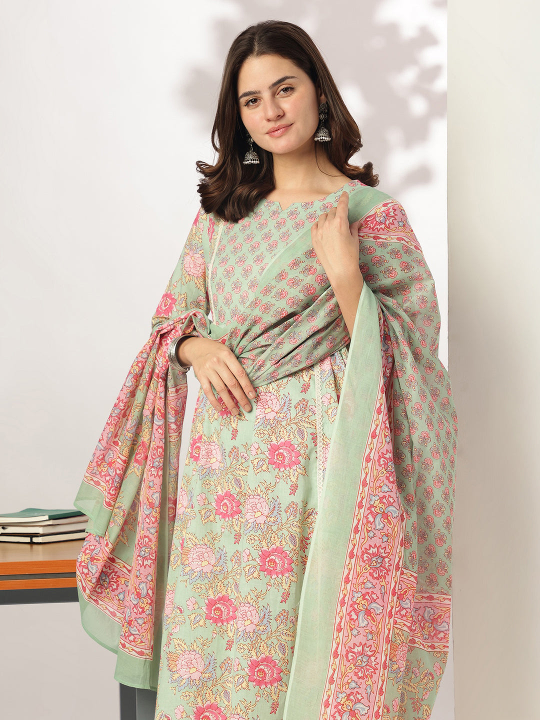 Janasya Light Cotton Floral A-Line Kurta Set