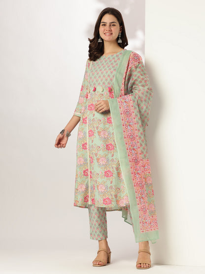 Janasya Light Cotton Floral A-Line Kurta Set - Distacart