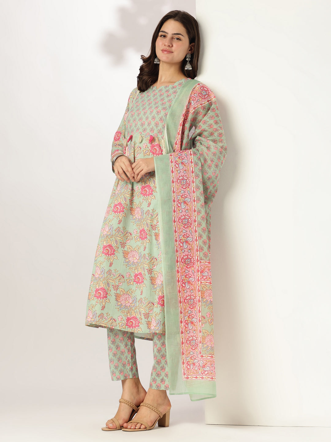 Janasya Light Cotton Floral A-Line Kurta Set