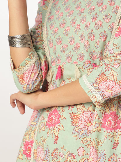Janasya Light Cotton Floral A-Line Kurta Set - Distacart