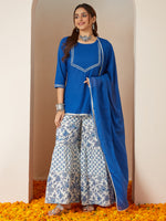 Thumbnail for Janasya Dark Cambric Embellished A-Line Kurta Set