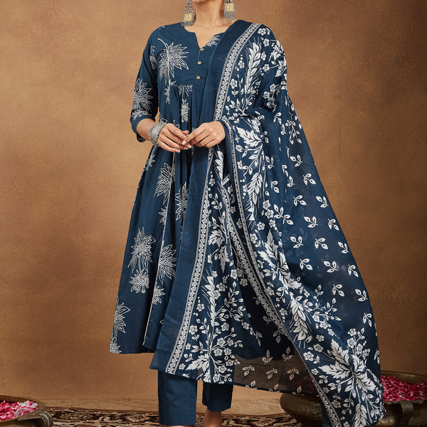 Janasya Bright Cotton Floral A-Line Kurta Set