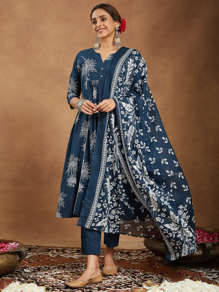 Janasya Bright Cotton Floral A-Line Kurta Set
