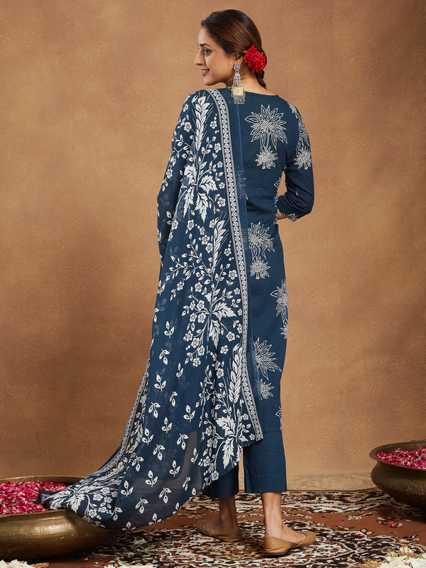 Janasya Bright Cotton Floral A-Line Kurta Set