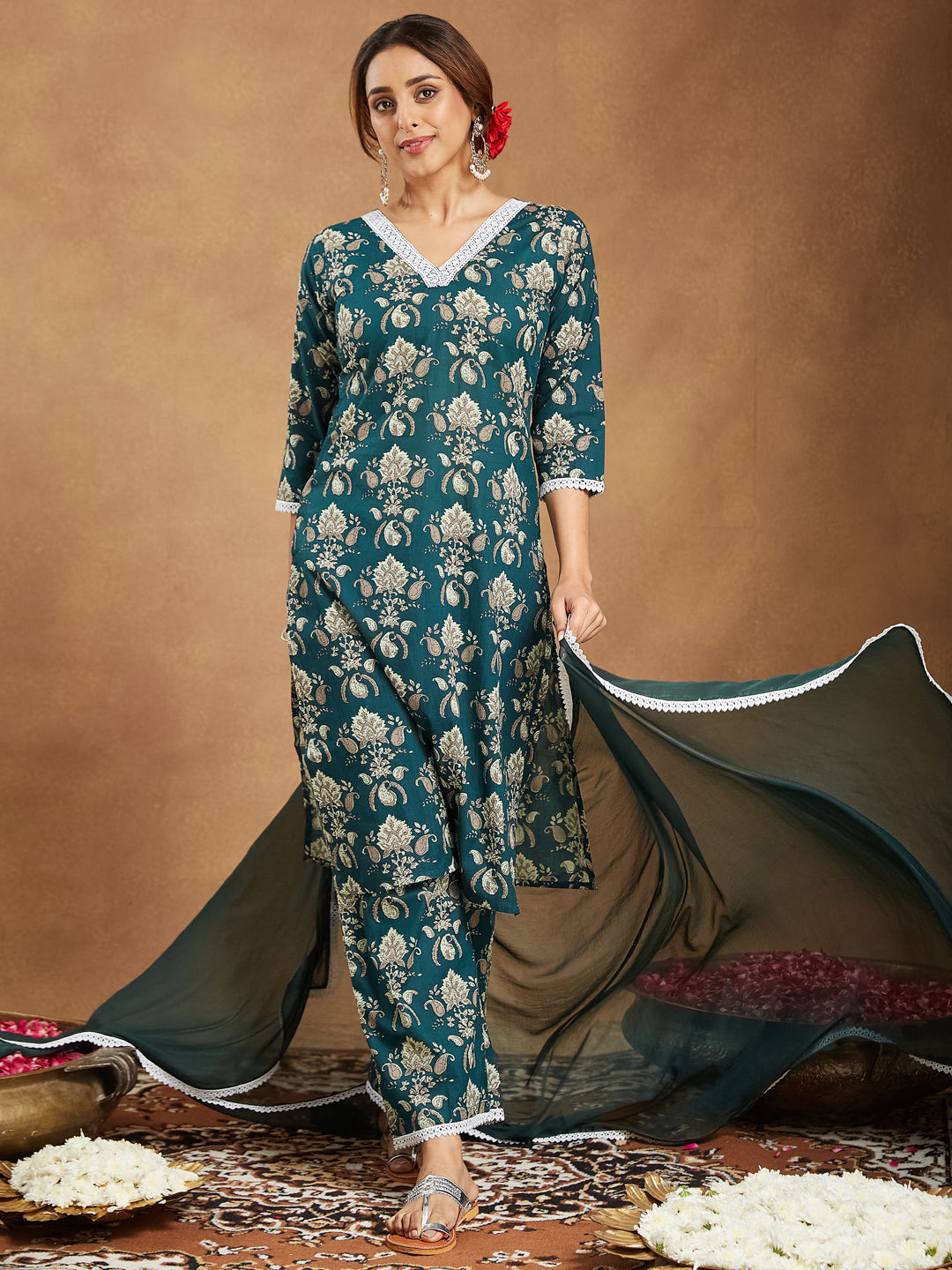 Janasya Dark Cambric Floral A-Line Kurta Set
