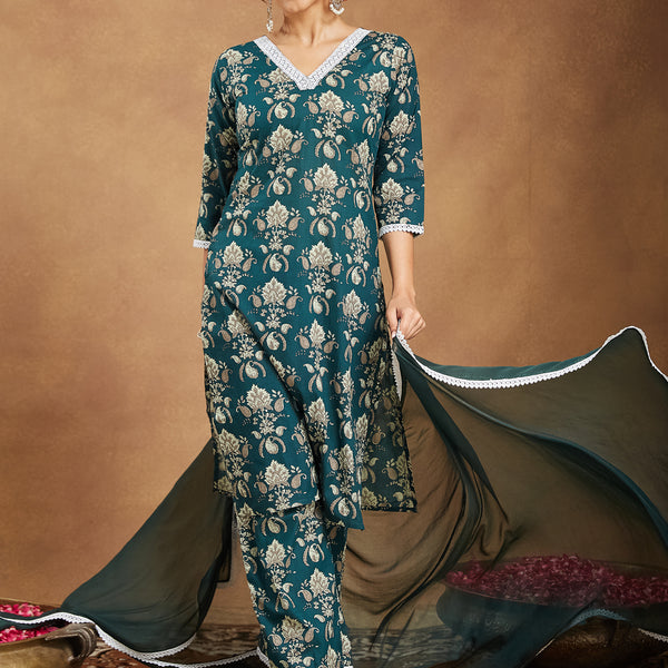 Janasya Dark Cambric Floral A-Line Kurta Set