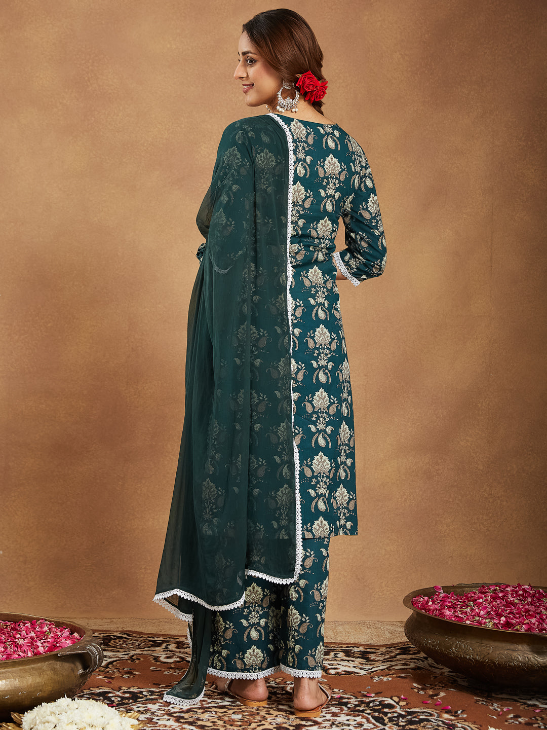 Janasya Dark Cambric Floral A-Line Kurta Set