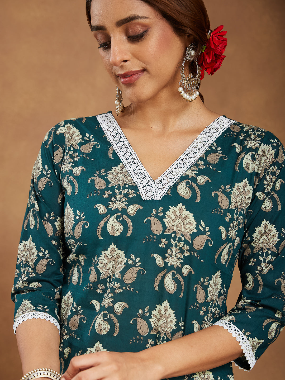 Janasya Dark Cambric Floral A-Line Kurta Set