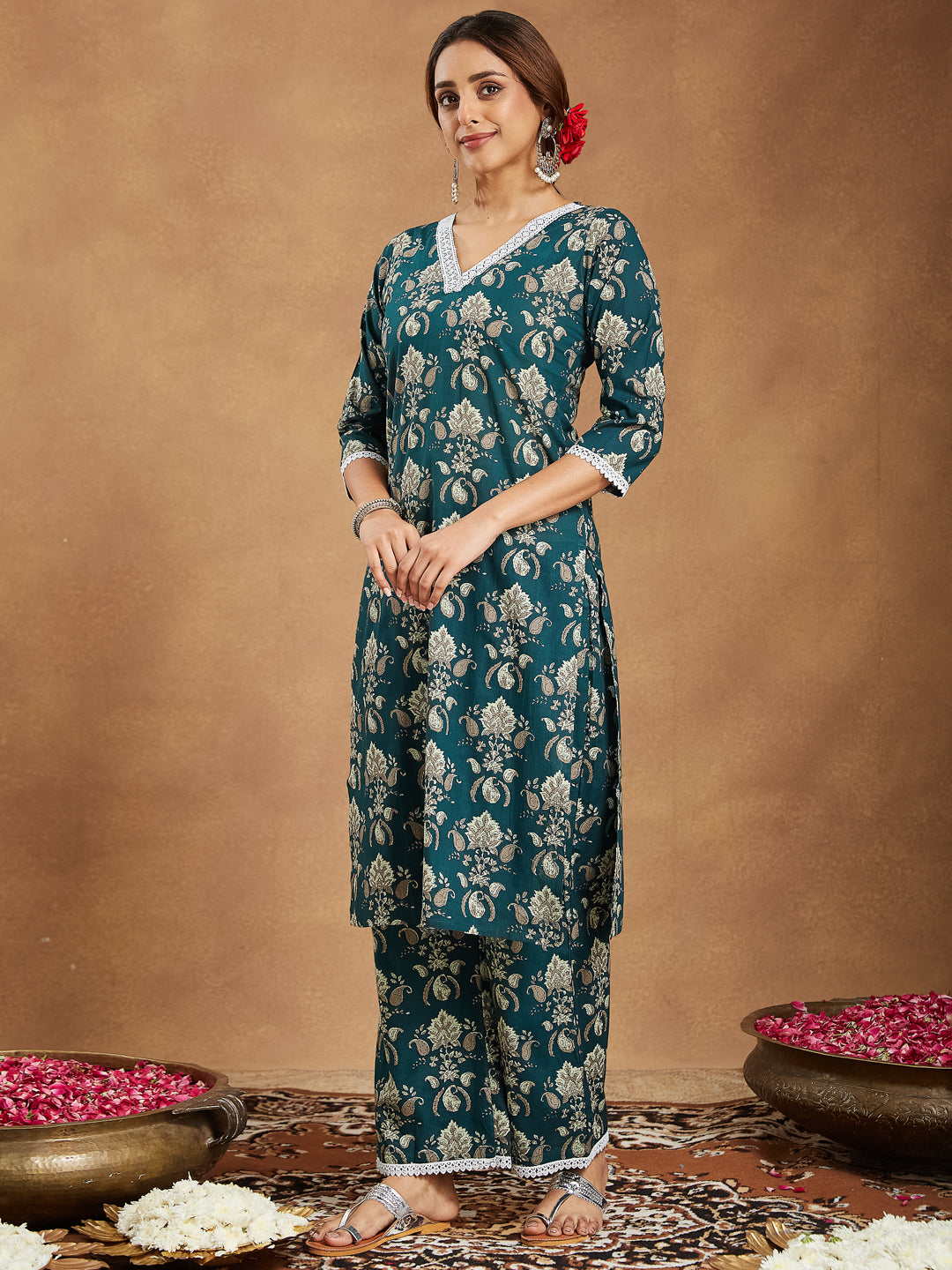 Janasya Dark Cambric Floral A-Line Kurta Set