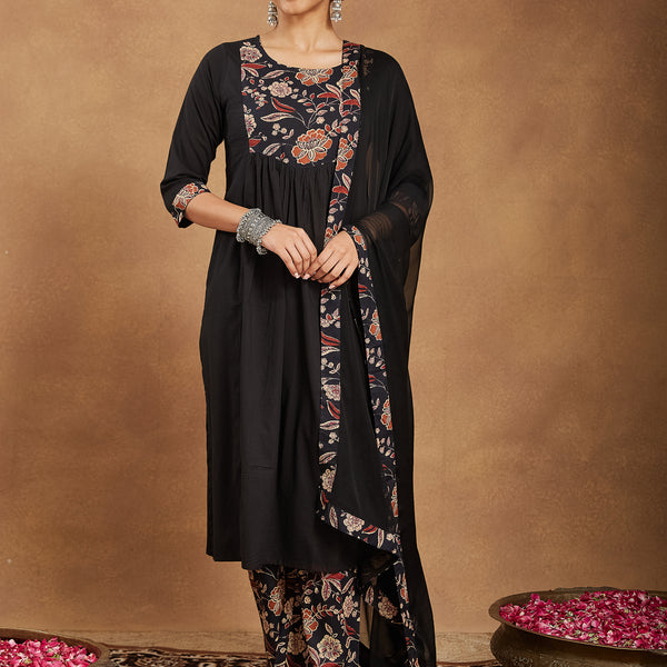 Janasya Dark Cotton Floral A-Line Kurta Set