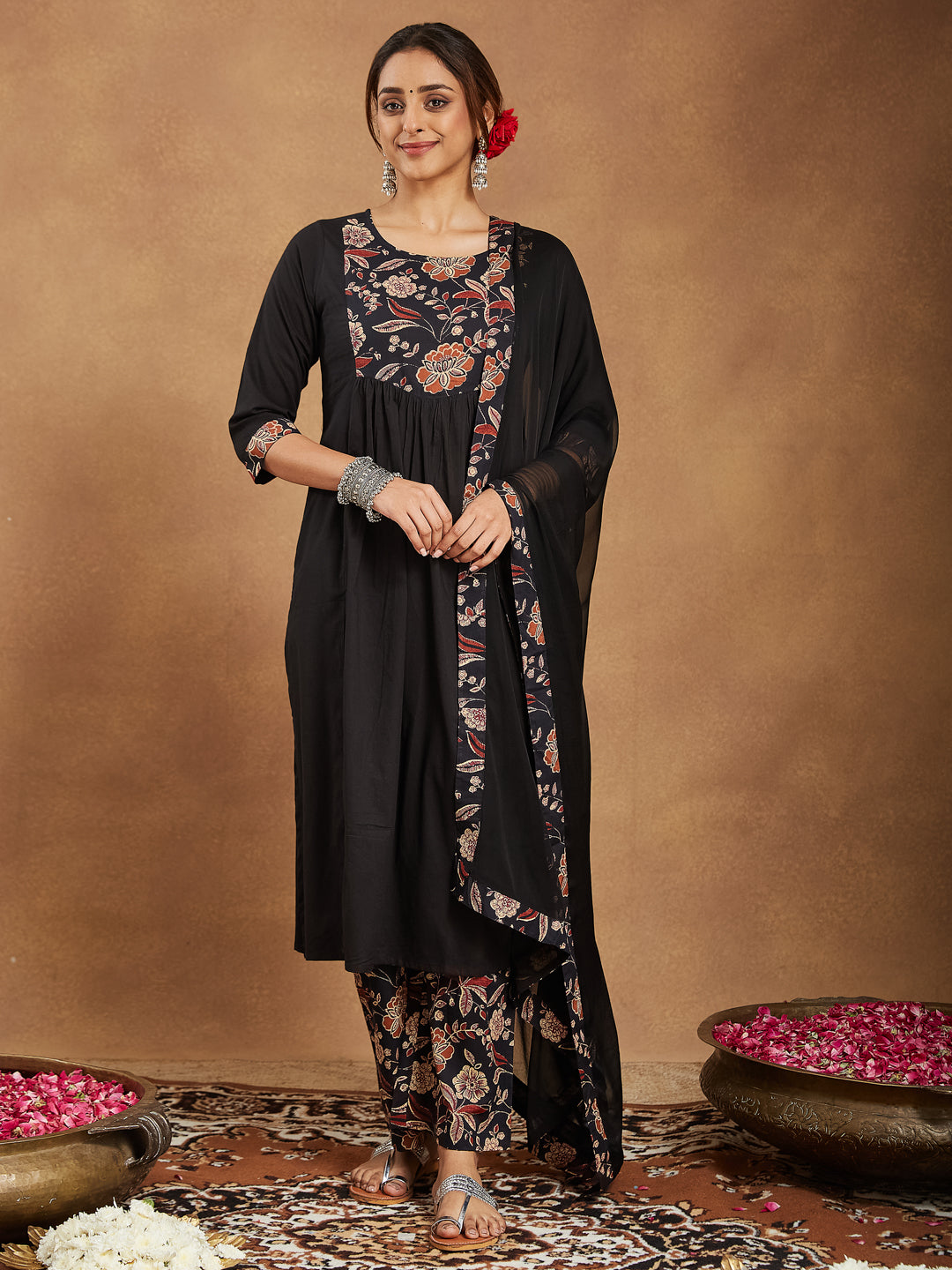 Janasya Dark Cotton Floral A-Line Kurta Set - Distacart